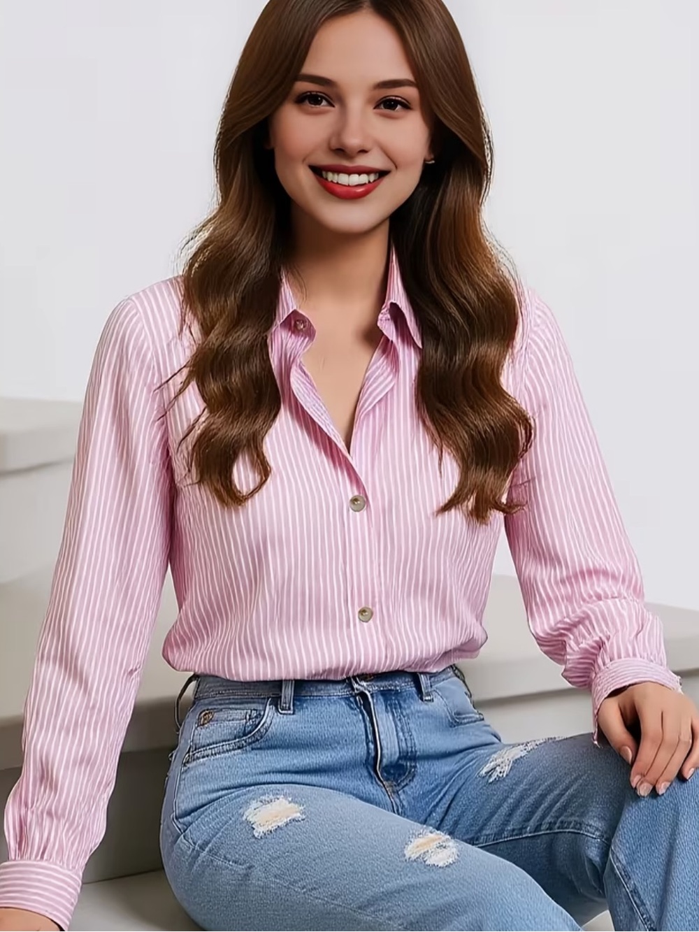 Women's Pink Stripe Button-Down Shirt - Classic Collared Top